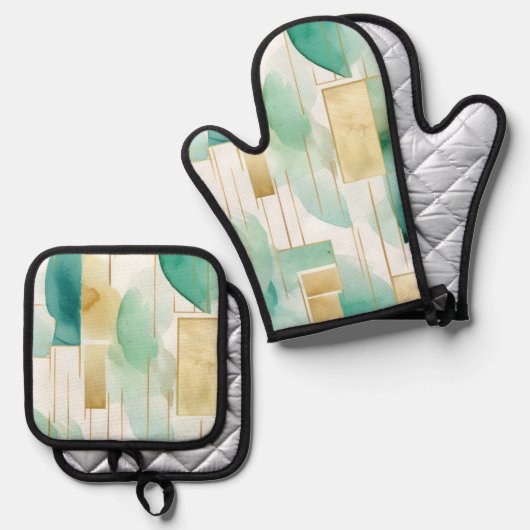 Green Gold White Abstrakt Ofenhandschuh & Topflappen-Set (Vorderseite/Rückseite)