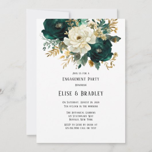 Green Gold White Botanical Floral Engagement Party Einladung (Vorderseite)