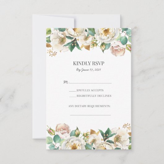 Green Gold White Floral Wedding RSVP Karten (Vorderseite)