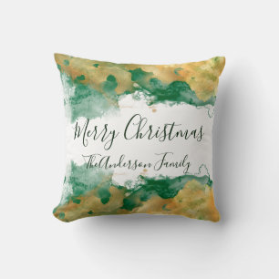 Green Gold White Monogram Frohe Weihnachten Kissen