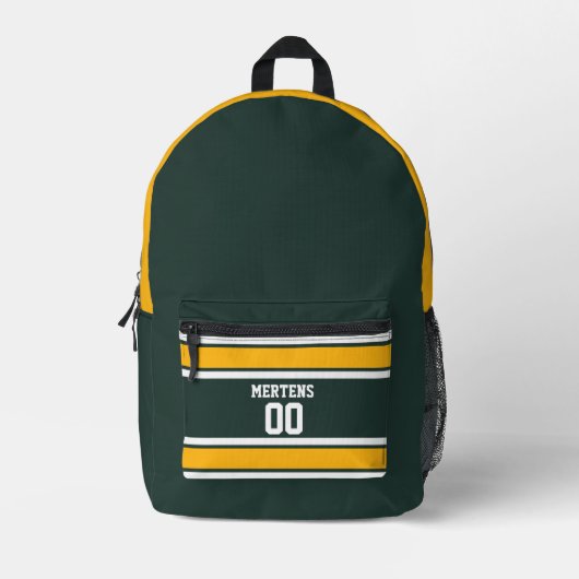 Green Gold White Sports Strike Jersey Teamname Bedruckter Rucksack (Vorderseite)