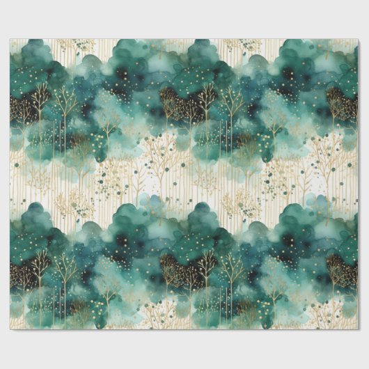 Green Gold White Trees Weihnachten Geschenkpapier (Flach)