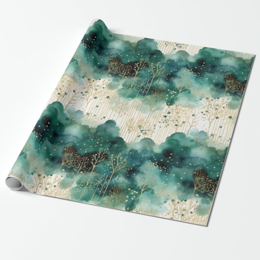 Green Gold White Trees Weihnachten Geschenkpapier (Ungerollt)