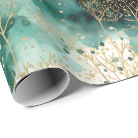 Green Gold White Trees Weihnachten Geschenkpapier (Rolleneckpunkt)