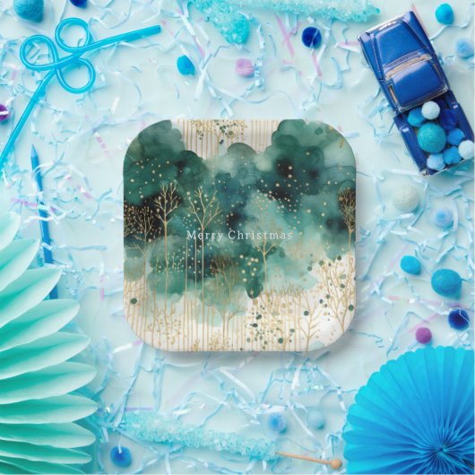 Green Gold White Trees Weihnachten Pappteller (Party)