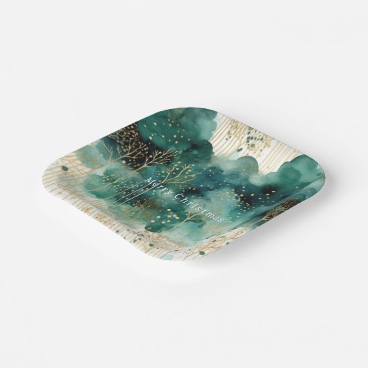 Green Gold White Trees Weihnachten Pappteller (Gewinkelt)