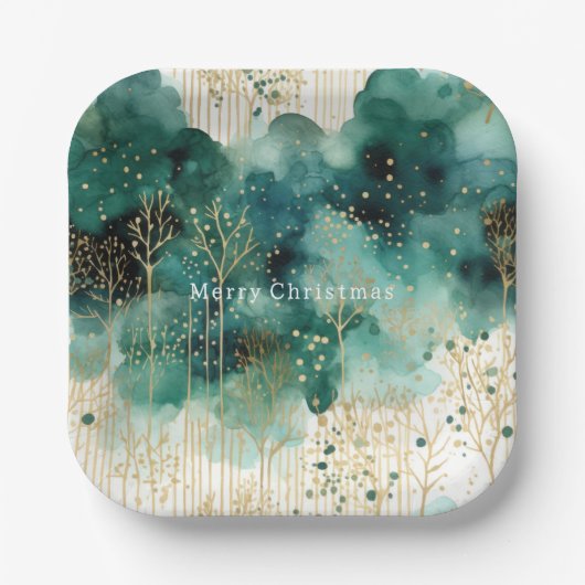 Green Gold White Trees Weihnachten Pappteller (Vorderseite)