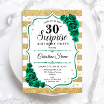 Green Gold White Überraschung 30. Geburtstag Einladung<br><div class="desc">Überraschung 30. Geburtstag Party Einladung. Weibliches smaragdgrünes Design mit Imitaten Glitzer Gold. Verfügt über weiß und goldfarbene Streifen,  Rose,  Skript-Schriftart und Konfetti. Ideal für eine elegante Damenfeier. Kann personalisiert sein,  jedes Alter zu zeigen. Gedruckte Zazzle Einladungen oder Sofortdownload digitalen druckbaren Vorlage.</div>