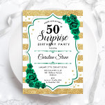 Green Gold White Überraschung 50. Geburtstag Einladung<br><div class="desc">Überraschung 50. Geburtstagsparty Einladung. Weibliches smaragdgrünes Design mit Imitaten Glitzer Gold. Verfügt über weiß und goldfarbene Streifen,  Rose,  Skript-Schriftart und Konfetti. Ideal für eine elegante Damenfeier. Kann personalisiert sein,  jedes Alter zu zeigen. Gedruckte Zazzle Einladungen oder Sofortdownload digitalen druckbaren Vorlage.</div>