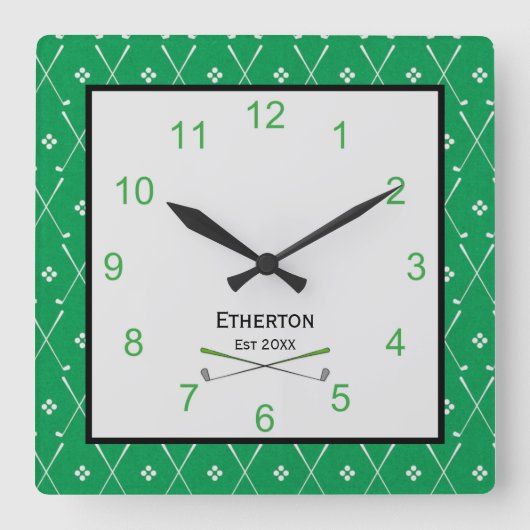 Green Golf Club Print Square Wall Clock Quadratische Wanduhr (Vorderseite)