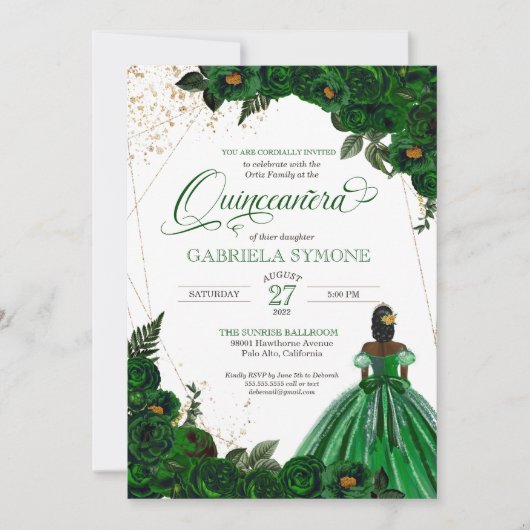 Green Gown Elegante Rose Afrolatina Quinceanera Einladung (Vorderseite)