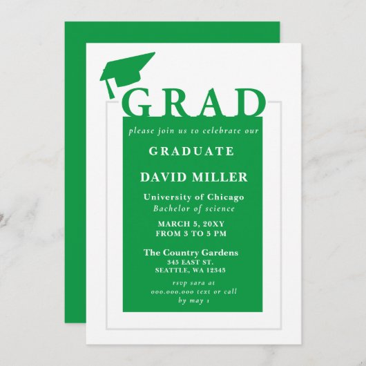 Green Grad Moderner Minimalistischer Abschluss Einladung (Vorne/Hinten)