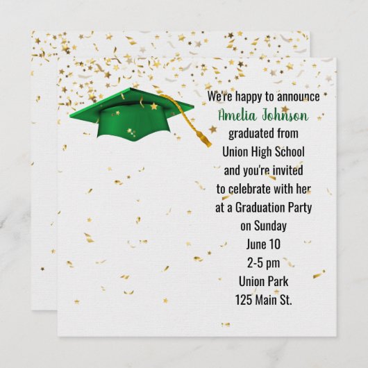 Green Graduation Cap mit Gold Confetti Einladung (Vorne/Hinten)