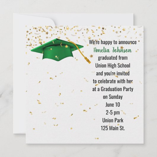 Green Graduation Cap mit Gold Confetti Einladung (Vorderseite)