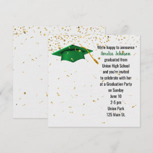 Green Graduation Cap mit Gold Confetti Einladung