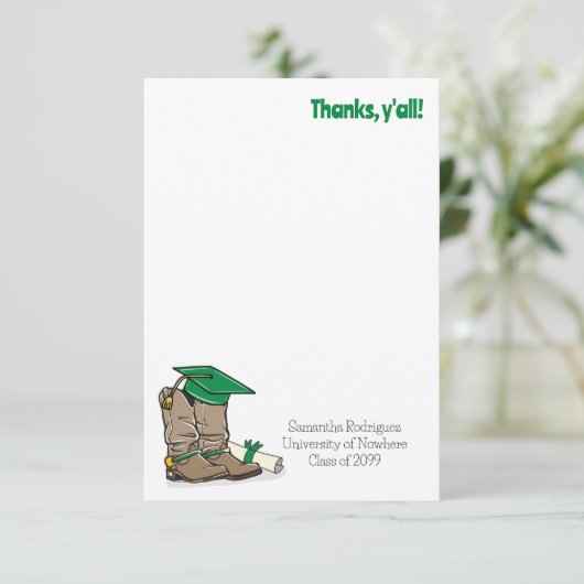 Green Graduation Cap und Cowboy Boot Dankeskarte (Stehend Vorderseite)