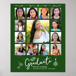Green Graduation K–12 Photo Collage White Doodles Poster