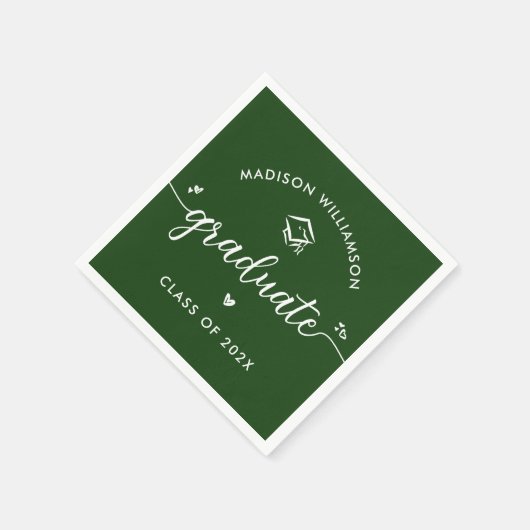 Green Graduation Script Hearts Cap Icon Fun Modern Serviette (Ecke)