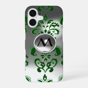 GREEN GRAU WHITE DAMASK GEMSTONE MONOGRAM Floral iPhone 16 Hülle