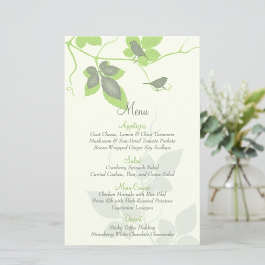 Green Gray Birds and Blätter Wedding Menu Card (Stehend Vorderseite)