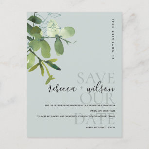 GREEN GRAY EUCALYPTUS WATERCOLOR SAVE THE DATE ANKÜNDIGUNGSPOSTKARTE