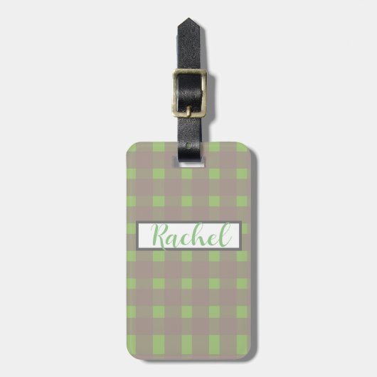 Green Gray Gingham Personalisiert Gepäckanhänger (Vorderseite vertikal)