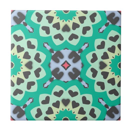 Green & Gray Hearts Ethnic Boho Geometric Muster Fliese (Vorderseite)