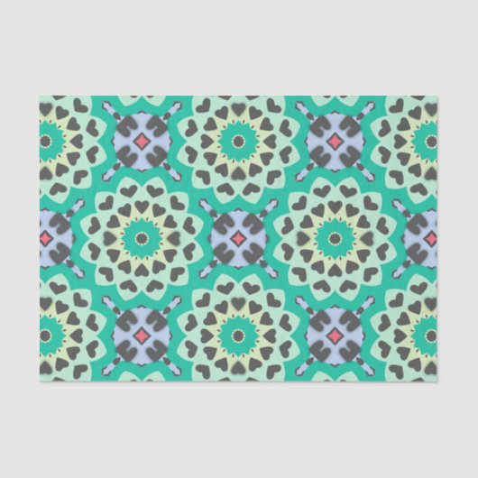 Green & Gray Hearts Ethnic Boho Geometric Muster Seidenpapier (Vorderseite)