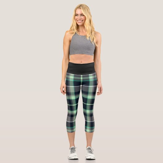 Green Gray Kariert Tartan Pattern Capri Leggings (Vorderseite)