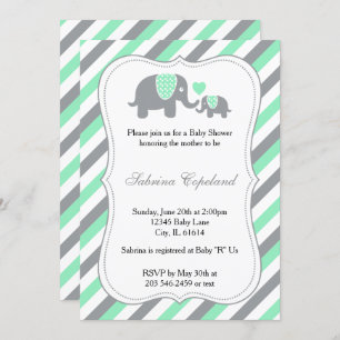 Green & Gray Stripes Baby Elephant Babydusche Einladung