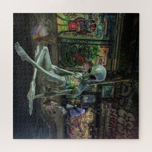 GREEN GREY ALIEN SITTING ON PAPER WITH GRAFFITI PUZZLE (Horizontal)