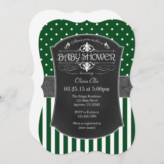 Green Grey Chalkboard Stripes Baby Dusche laden ei Einladung (Vorne/Hinten)
