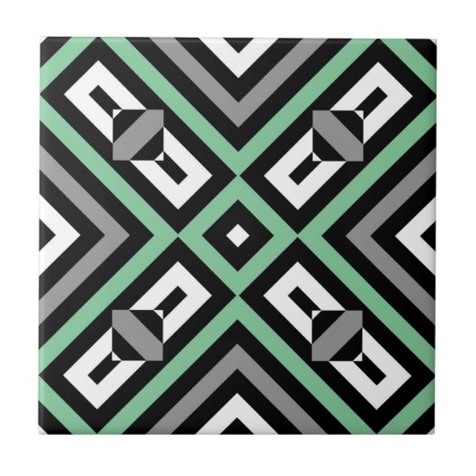 Green Grey Schwarz-weiß Op Art Geometric Strichen Fliese (Vorderseite)