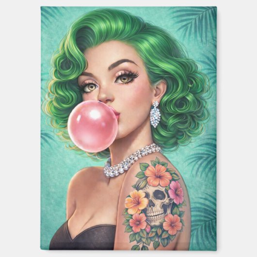 Green-Haired Bubblegum Pin-Up Girl Magnet – Retro (Vorderseite)