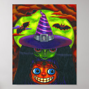 Green Halloween Pumpkin Hexe Big Eyes Poster