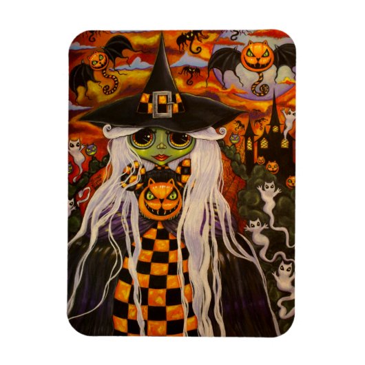 Green Halloween Witch Girl Cat Pumpkins, Geister Magnet (Vertikal)