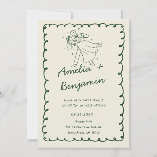 green hand drawn couple Whimsical Wedding Einladung (Vorderseite)