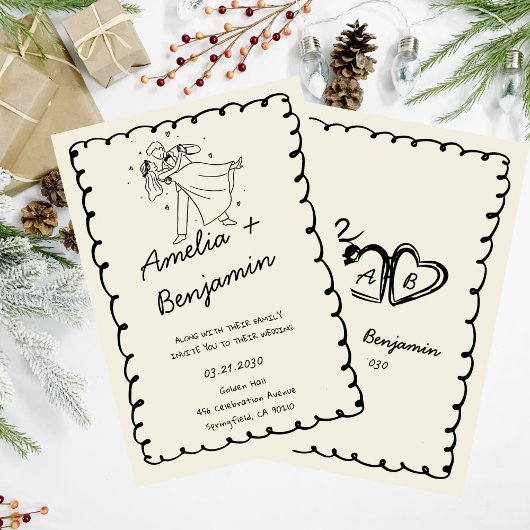 green hand drawn couple Whimsical Wedding  Einladung