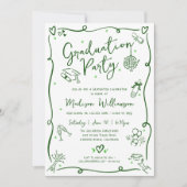 Green Hand Drawn Doodle Graduation Fun White Party Einladung (Vorderseite)