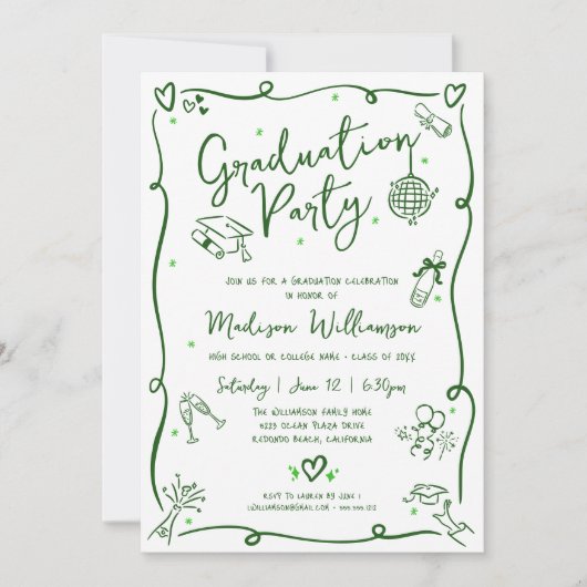 Green Hand Drawn Doodle Graduation Fun White Party Einladung (Vorderseite)