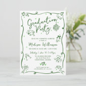 Green Hand Drawn Doodle Graduation Fun White Party Einladung (Stehend Vorderseite)