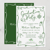 Green Hand Drawn Doodle Graduation Fun White Party Einladung (Vorne/Hinten)