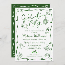 Green Hand Drawn Doodle Graduation Fun White Party Einladung