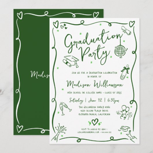 Green Hand Drawn Doodle Graduation Fun White Party Einladung (Vorne/Hinten)