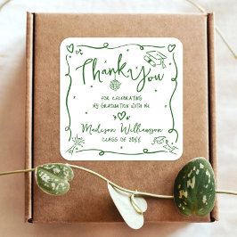 Green Hand Drawn Doodle Graduation Thank You White Quadratischer Aufkleber