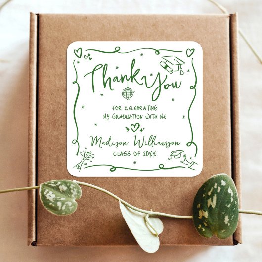 Green Hand Drawn Doodle Graduation Thank You White Quadratischer Aufkleber
