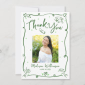Green Hand Drawn Doodle Photo Graduate White Retro Dankeskarte (Vorderseite)