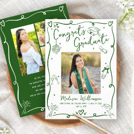 Green Hand Drawn Doodles Graduation 4 Photo White Ankündigung