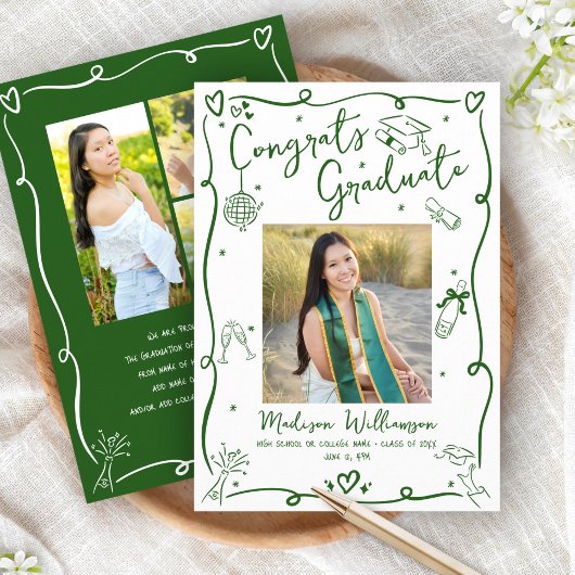 Green Hand Drawn Doodles Graduation 4 Photo White Ankündigung