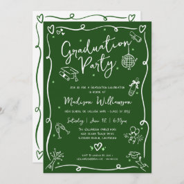Green Hand Drawn Doodles Style Graduation Party Einladung